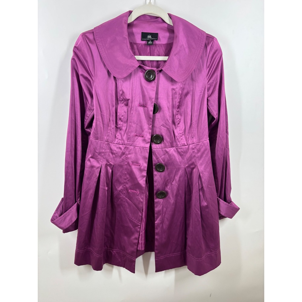 IZ Byer California Magenta Purple Satin Trench Jacket Peter Pan Collar Small